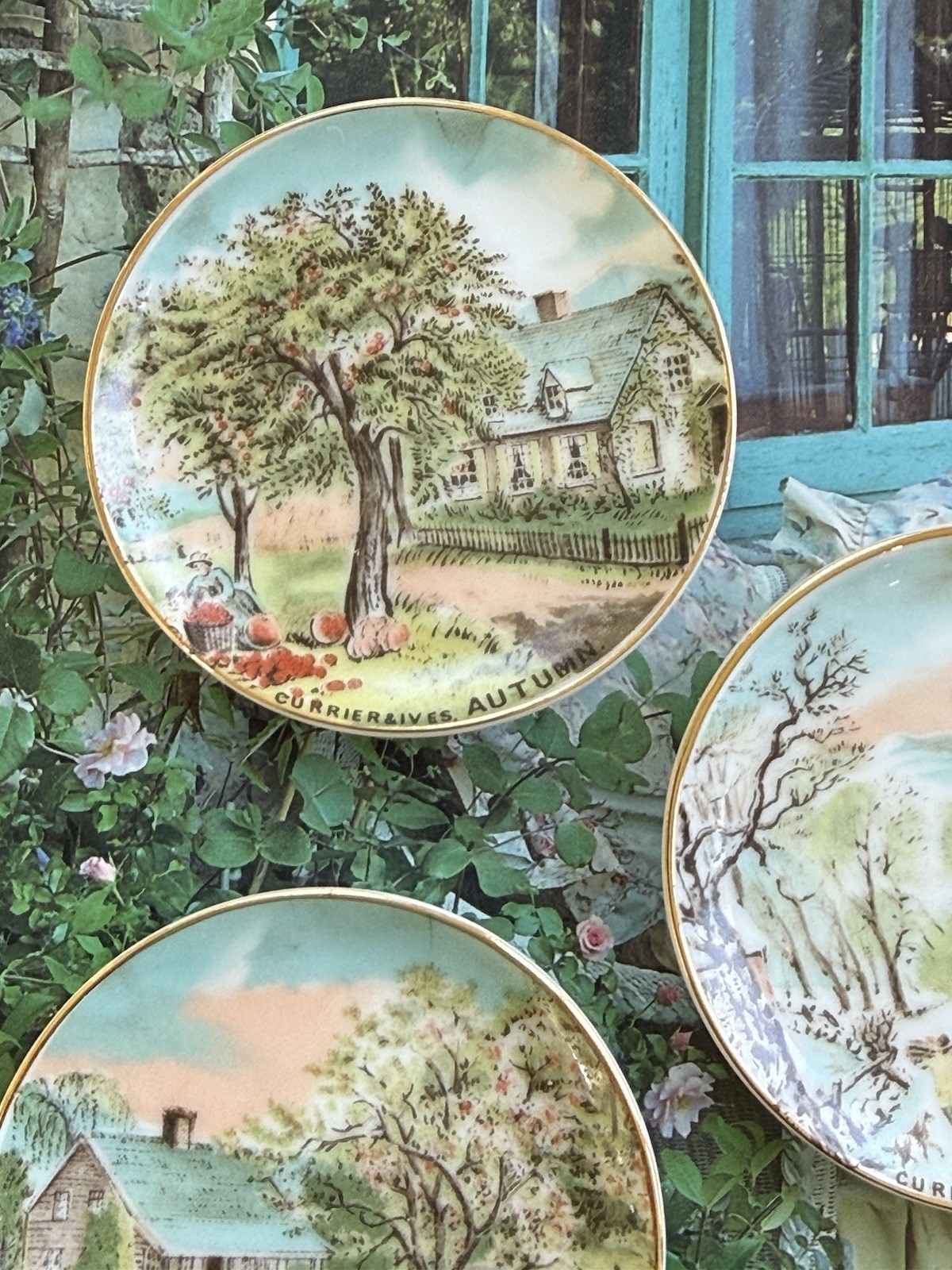 Vintag Set 4 Mini Plates Porcelain Pastel Colors Spring Summer Winter Fall Japan