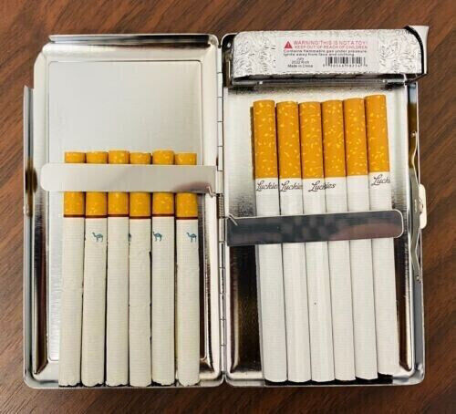 Lighthouse Em1 100’s Size Cigarette Case with Built in Lighter Metal Wallet
