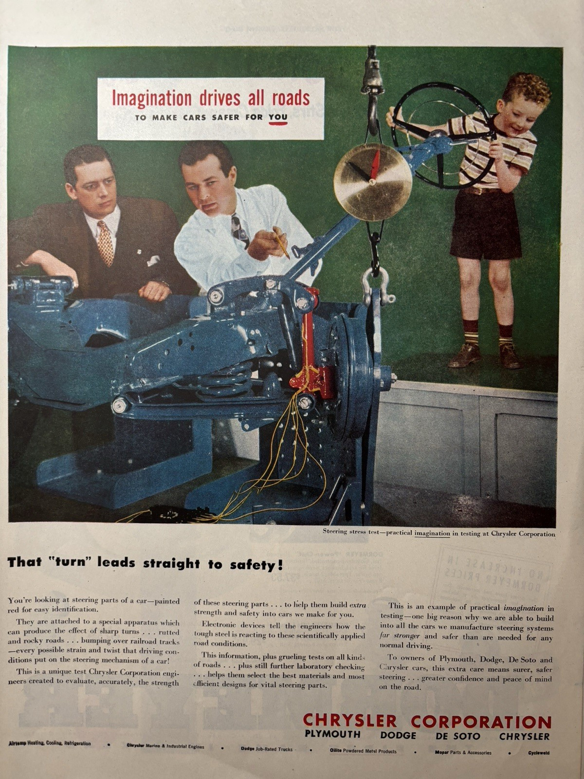 1948 Chrysler Corporation Steering Stress Test Automotive Roads VTG Print Ad