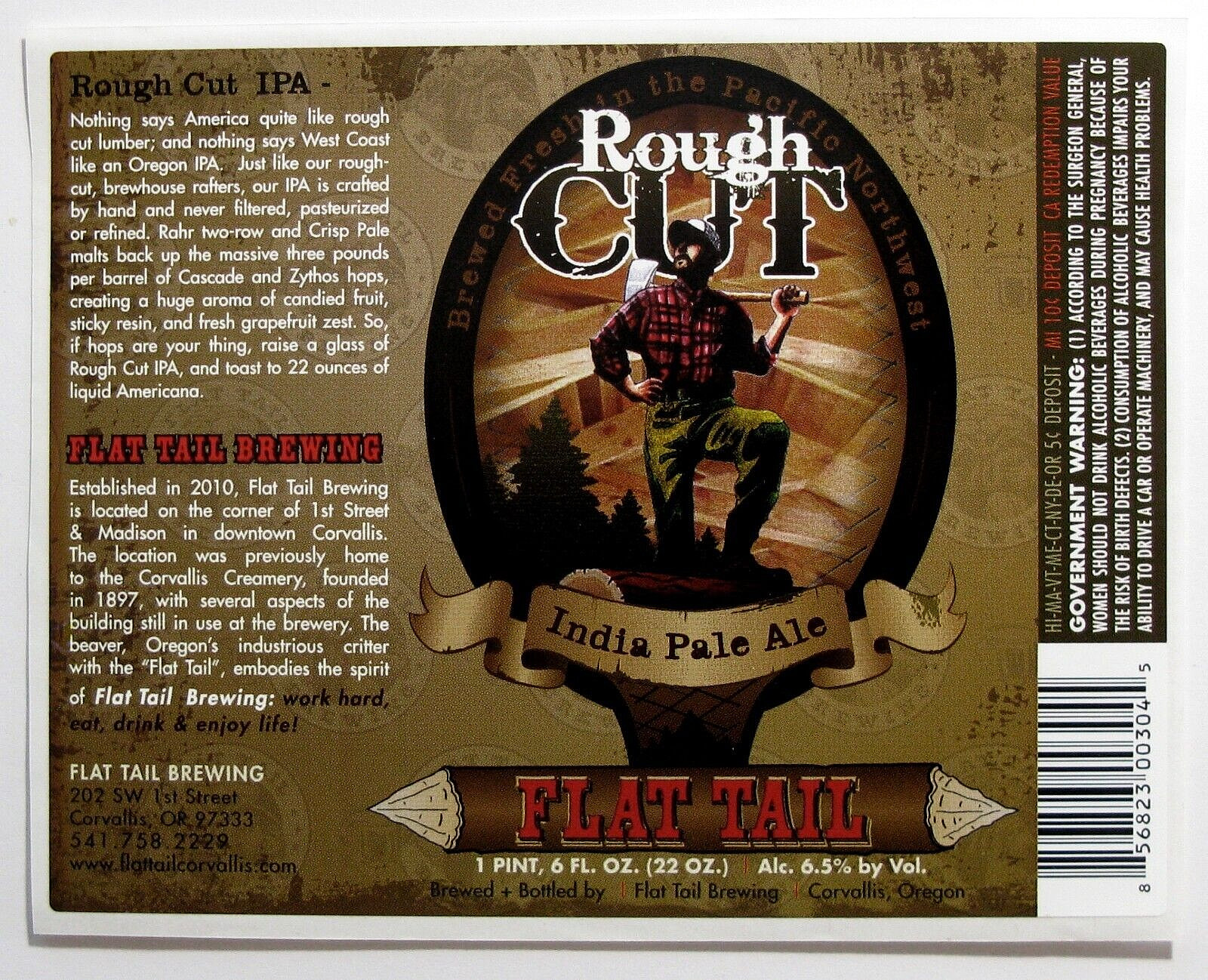 Flat Tail Brewing ROUGH CUT beer label OR 22oz STICKER