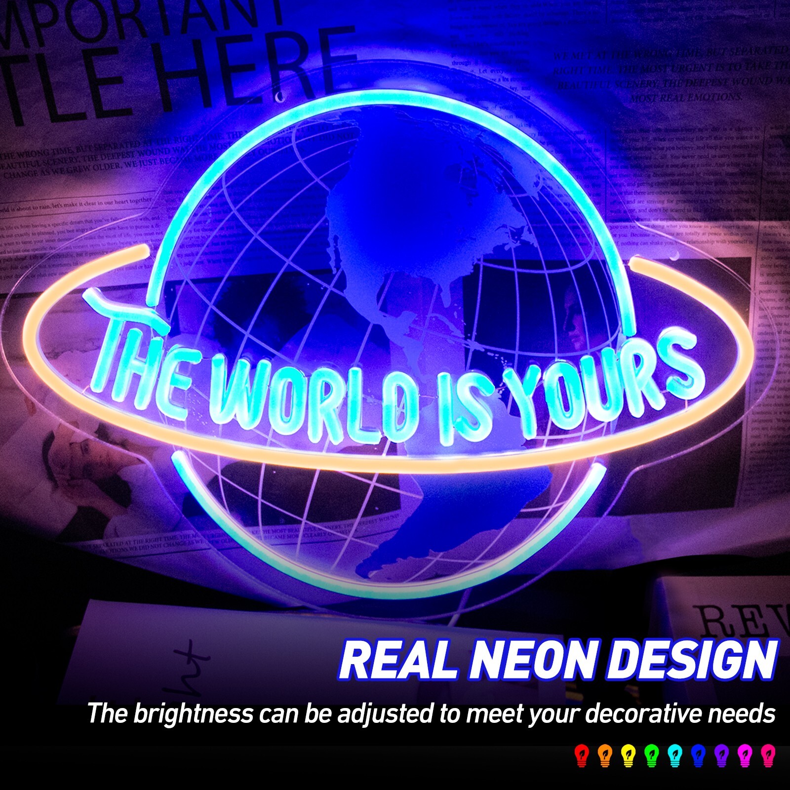 Blue “The World Is Yours” Globe Neon Sign – Hip Hop Decor for Man Cave