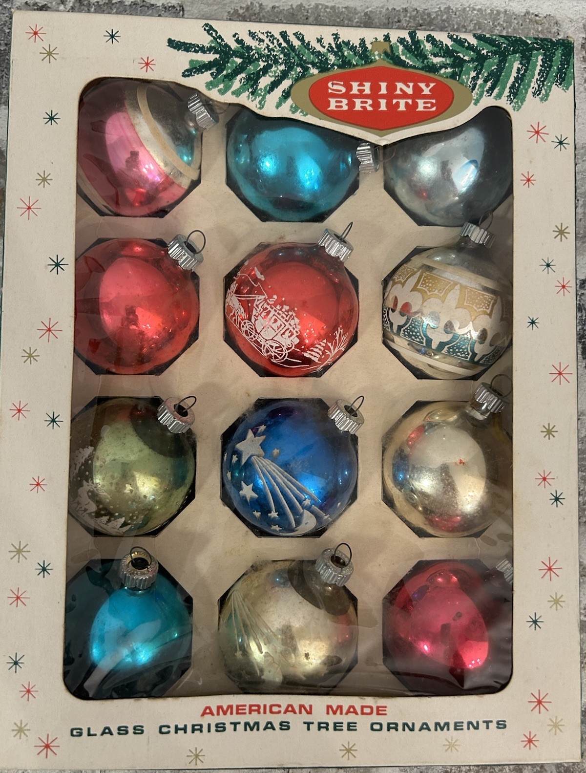 Vintage Shiny Brite Christmas Ornament Set 12 Pieces In Box Mixed Lot Glass USA