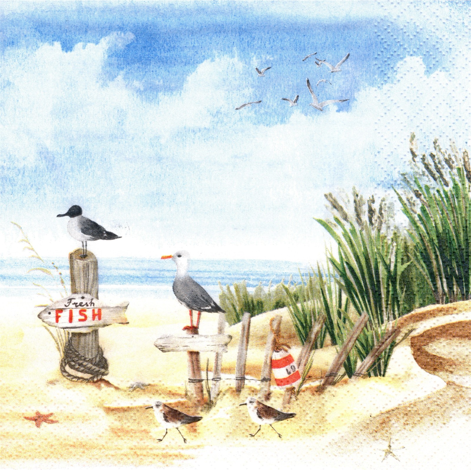(2) Two Paper Lunch Napkins for Decoupage/Mixed Media – Fresh Fish at Beach