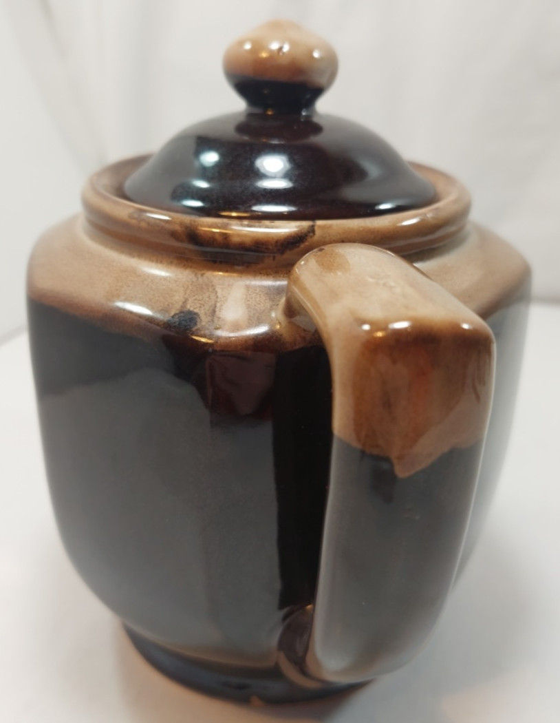 Vtg Brown Carmel Earthenware Drip Glaze Ceramic Octagonal Teapot w/Lid Taiwan