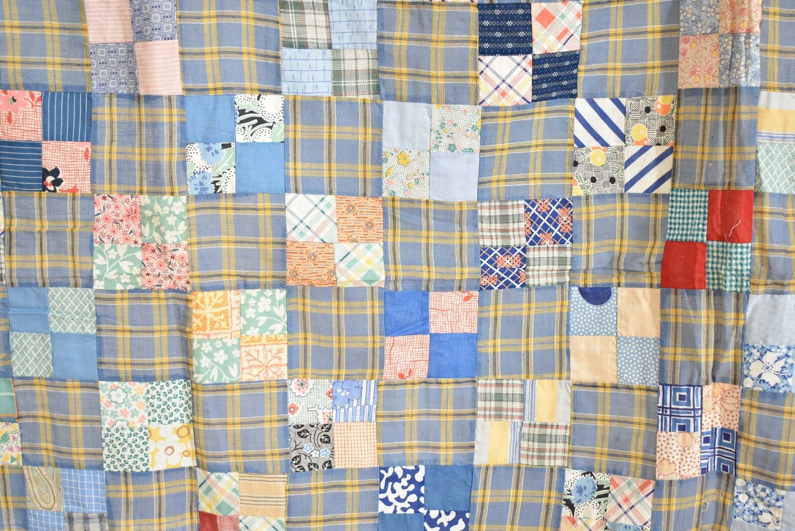 GORGEOUS Vintage 30’s Four Patch Postage Stamp Antique Quilt Top, Nice Blues!
