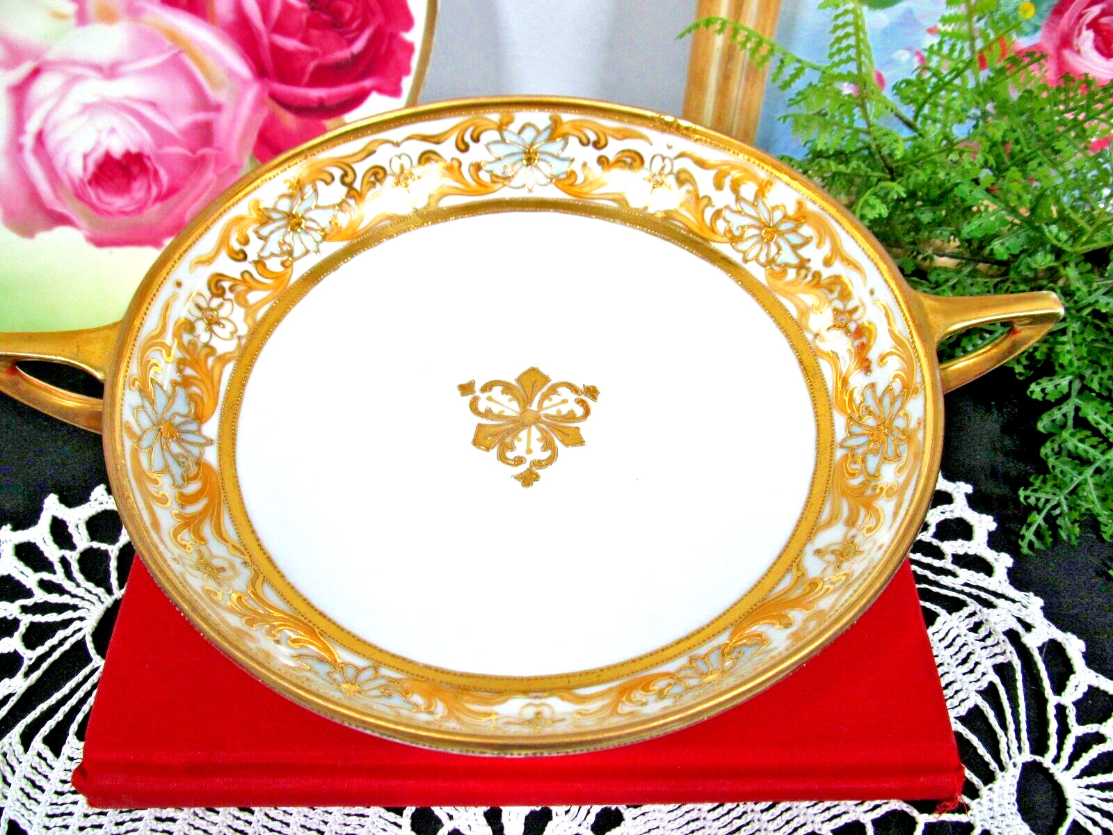 RC Nippon Japan hand painted floral handle bowl painted and beaded gold gilt