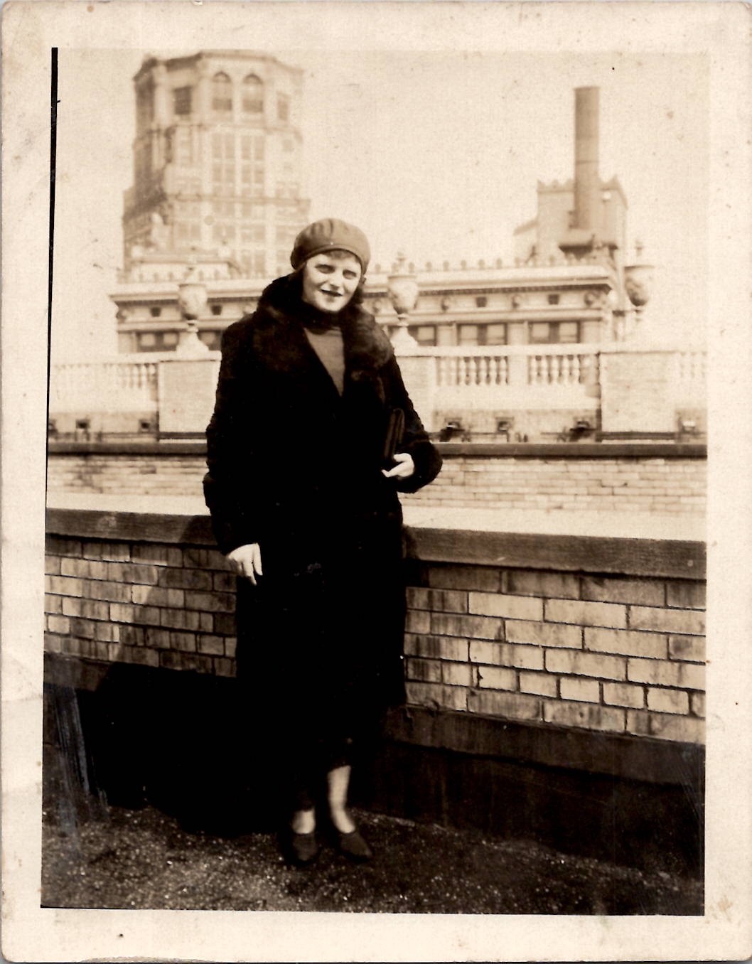Elegant Classy Flapper Woman w/Coat on Roof New York Skyline 1920s Antique Photo