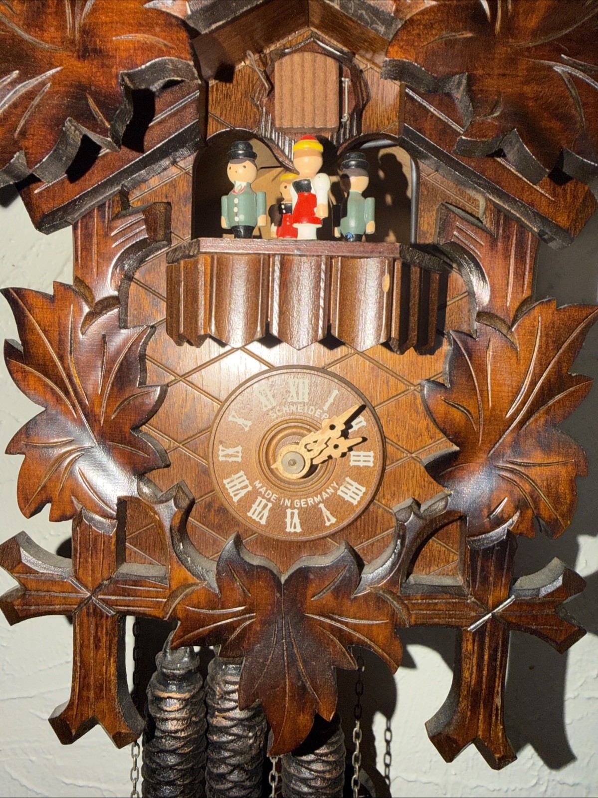 German Cuckoo Clock W/Music Mechanical 3 Weights Pendulum Tries To Work Preowned