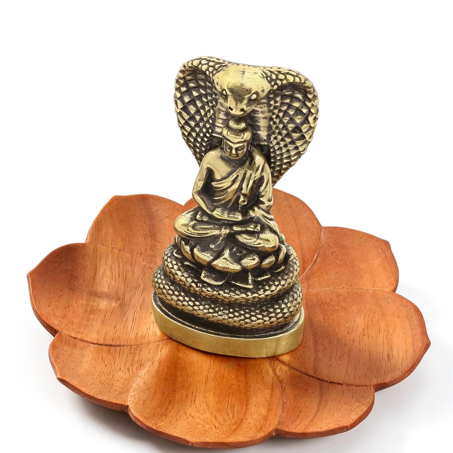 Solid Brass Buddha Naga Snake Statue, Meditating Shakyamuni Lotus Figurine