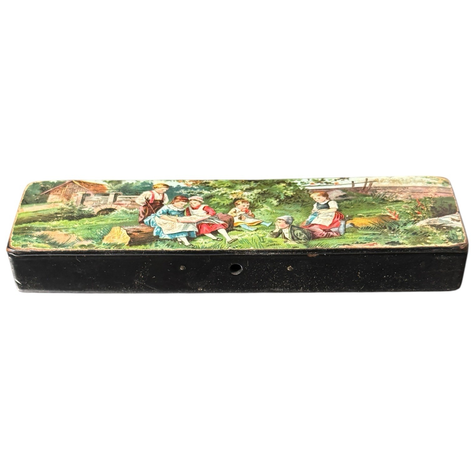 Antique Victorian Wooden Pencil Box Papier Mache Children Playing Paper Decal