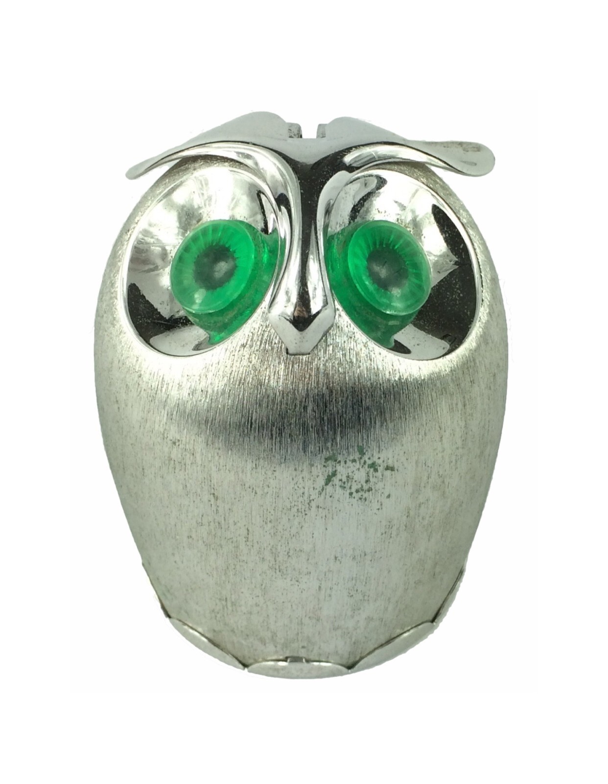 Vintage NAPIER Brushed Silver-Tone Metal Owl Coin Bank with Green Eyes 4″ Tall