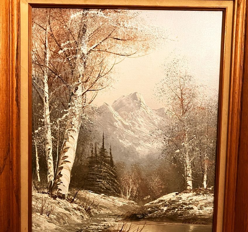 Original oil painting. Classic winter landscape by Wallace. 22.5″ X 18.5″. Oak.