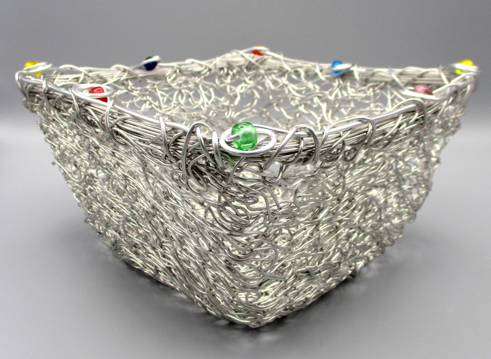 Decorative 8″ Square x 4″ High Wire Basket with Colored Beads