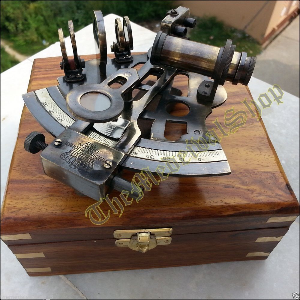 VINATGE MARINE SEXTANT & NAUTICAL WOODEN BOX BRASS COLLECTIBLE GERMAN ASTROLABE