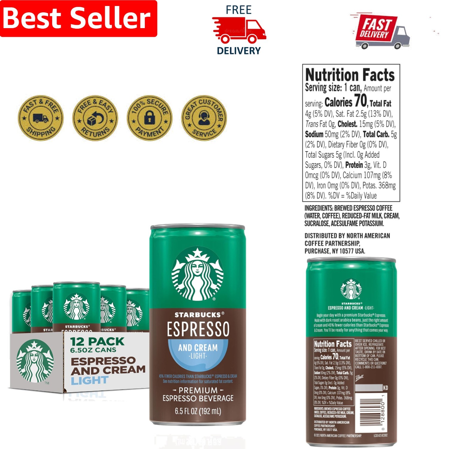 Espresso & Cream Light – 12 Pack of 6.5 Oz Cans, Rich & Caffeinated Indulgence