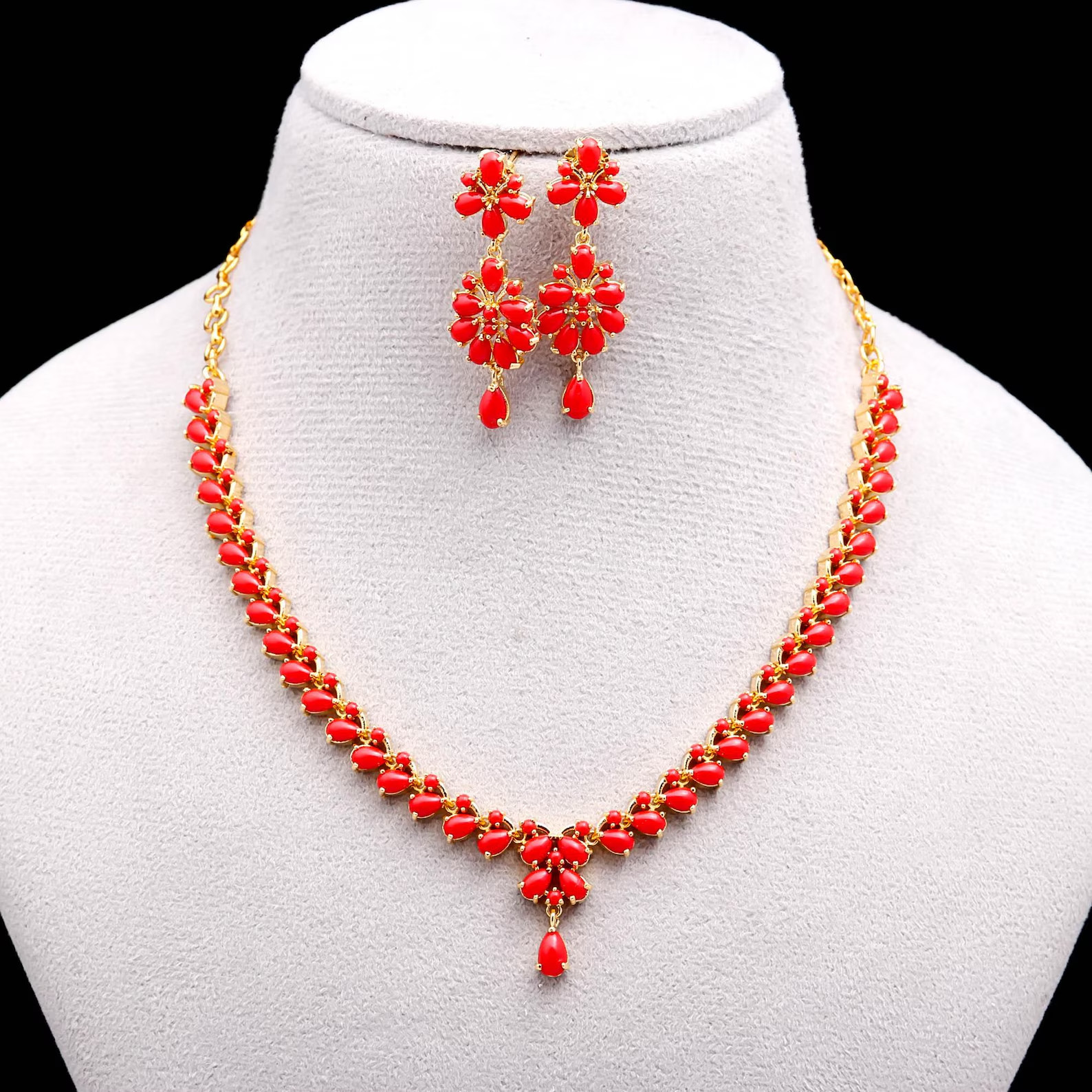 18K Yellow Gold Over Coral Bridal Choker 16″ Necklace with Earrings Jewelry Sets