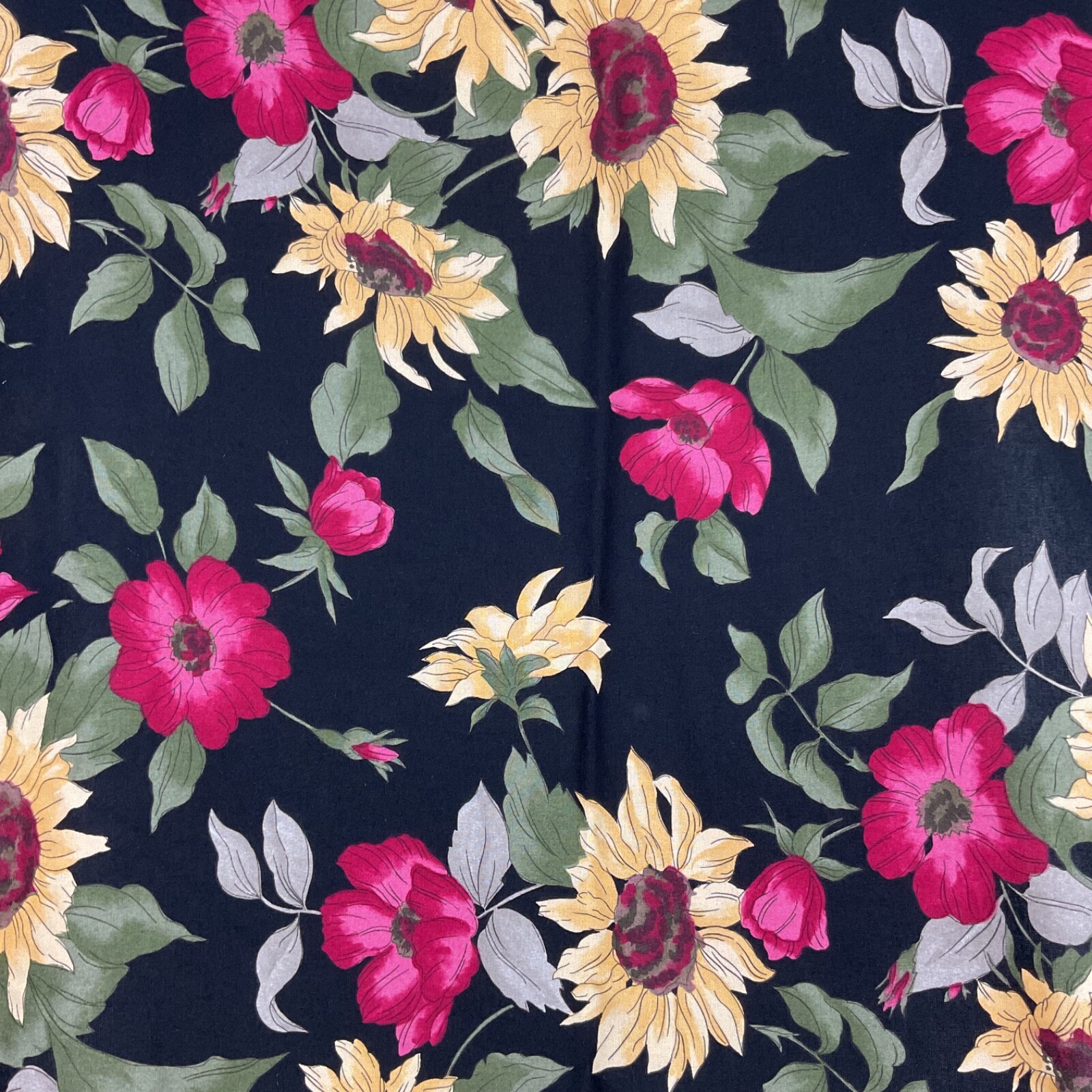 Vintage Mega Textile Corp floral rayon? fabric 34.5” x 60” on black background