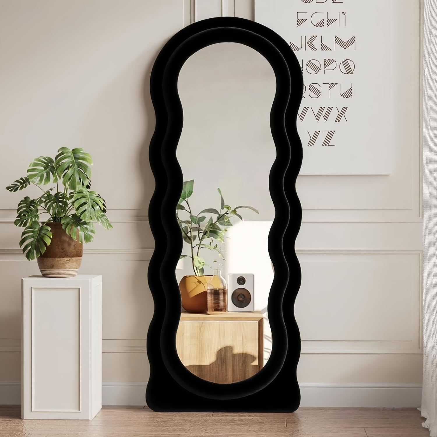 Dewfig Wavy Full Length Mirror with Stand, 63″ x 24″ Irregular Floor Mirror, …