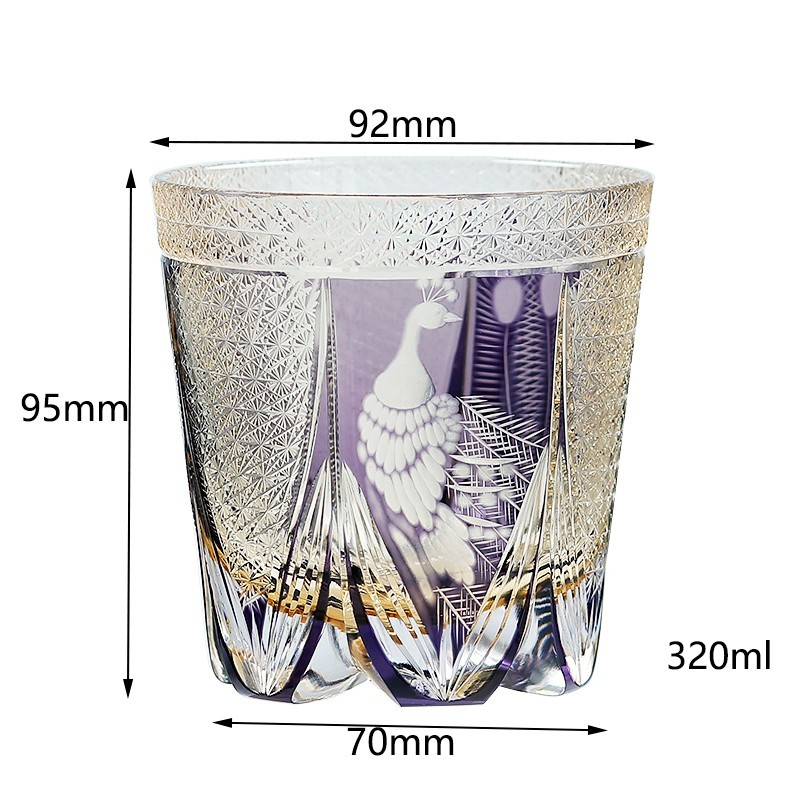 320ml Hand Carved Peacock Pattern Edo Kiriko Glass Gift Tumbler for Whisky