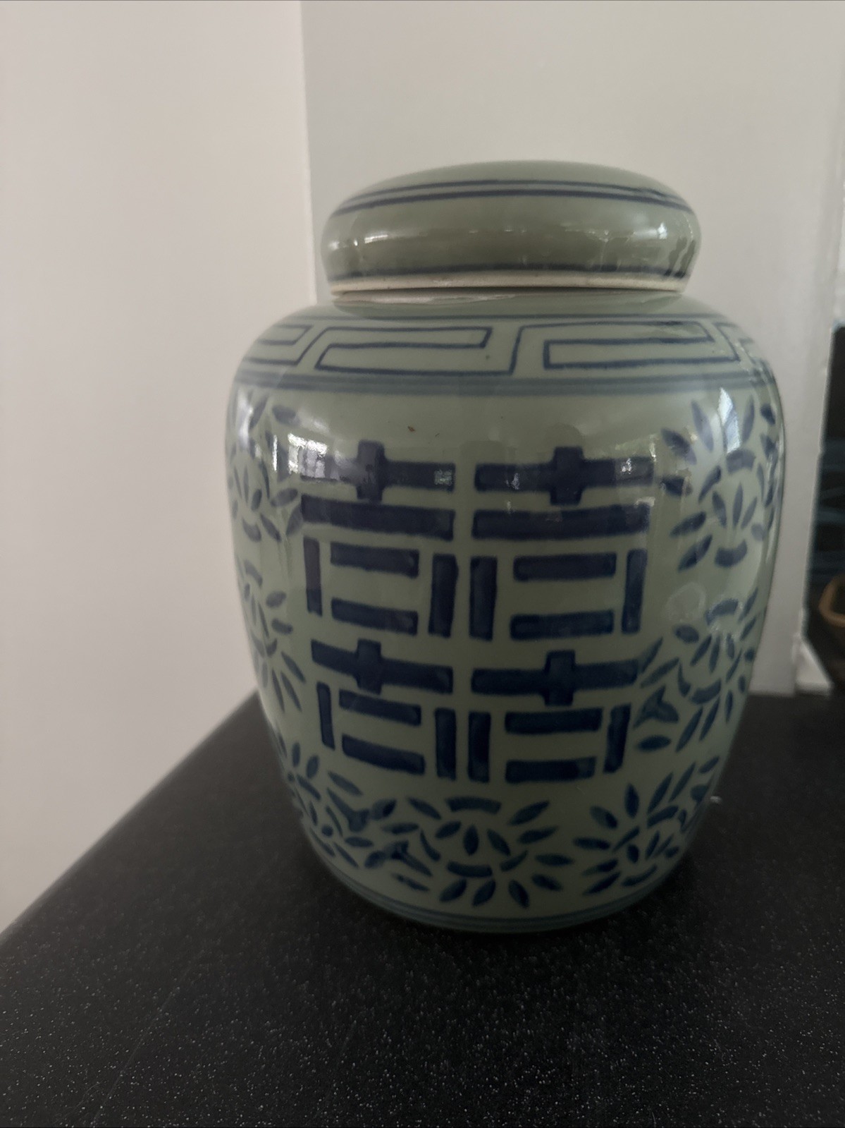 Vintage Large Ginger Jar Double Happiness Double Circle Chinese Blue White Gray
