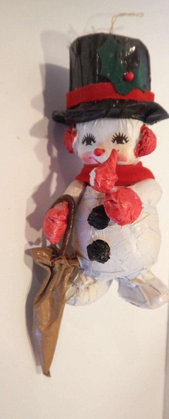 Vintage Paper Papier Mache Snowman With Umbrella Christmas Ornament