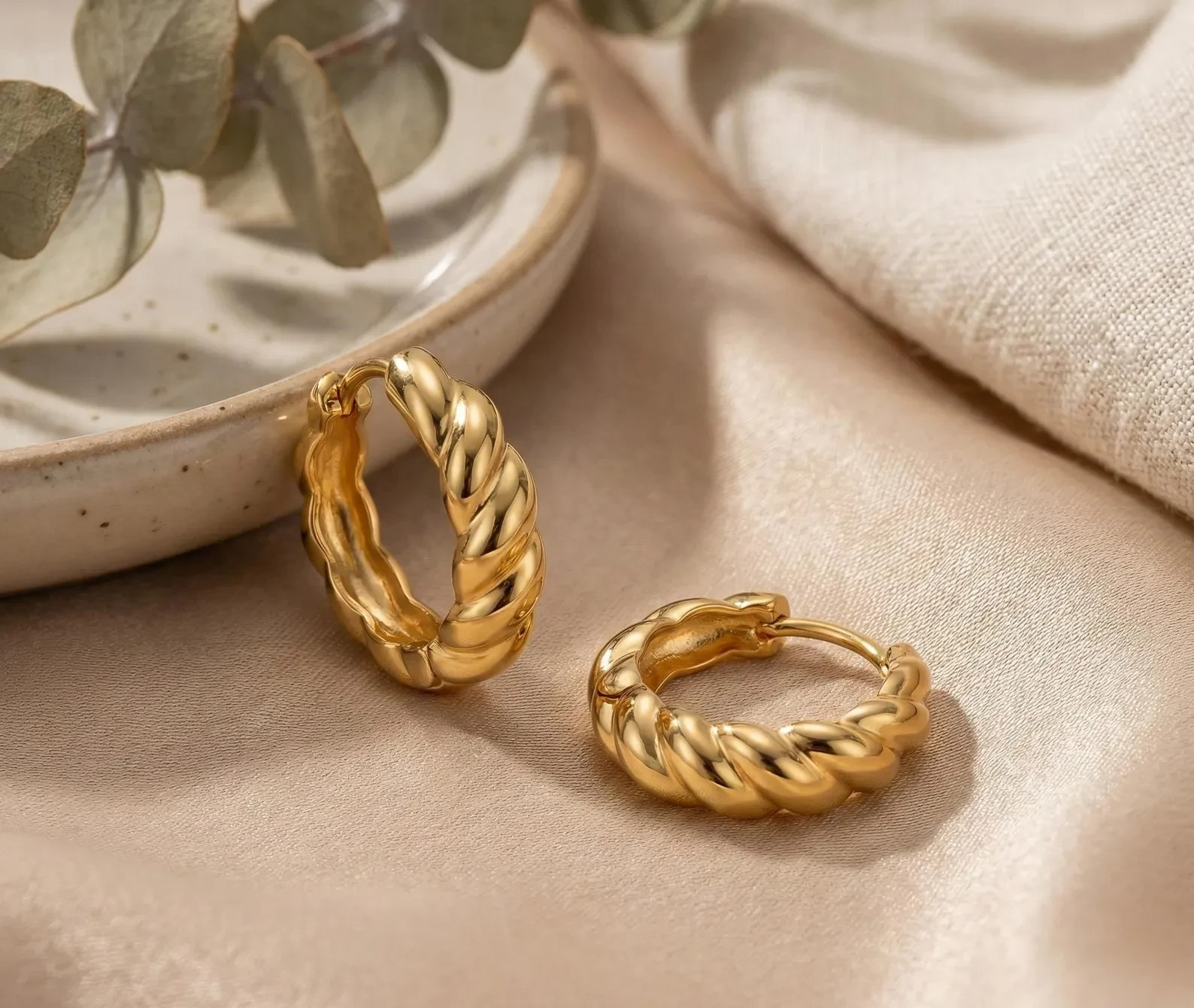 Chunky 18K Yellow Gold Over Sculptural Rope Hoop Twisted Huggie Earrings Women’s