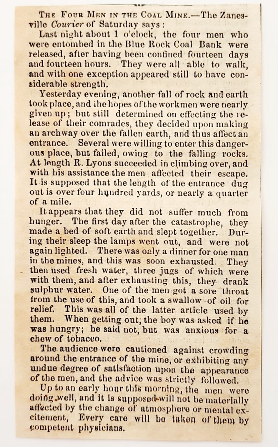 1856 Four Miners Trapped 14 Days Blue Rock Coal Mine News Article Clipping