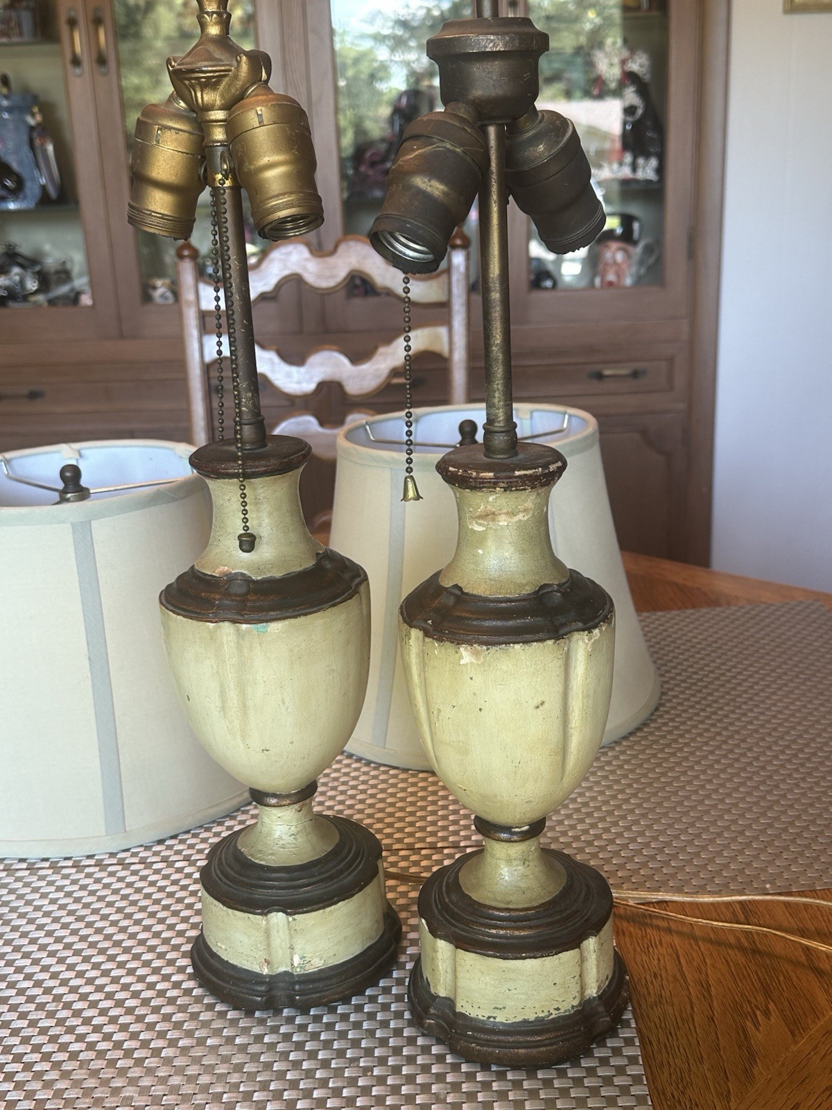 VTG 1950’s 2-Borghese Dual Socket Urn Table Lamps Distressed Painted Cream PAIR