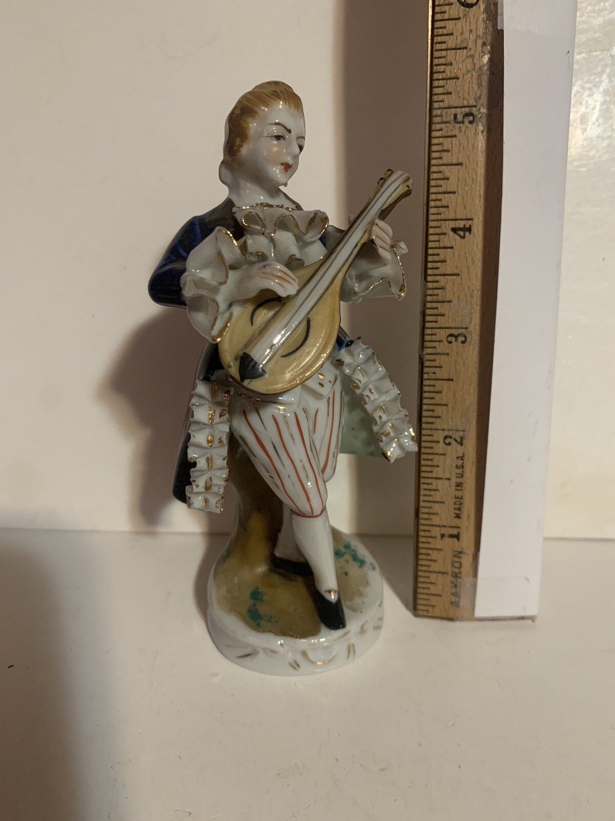 Colonial Man Playing the Violin Figurine Occupied Japan Blue Top Coat