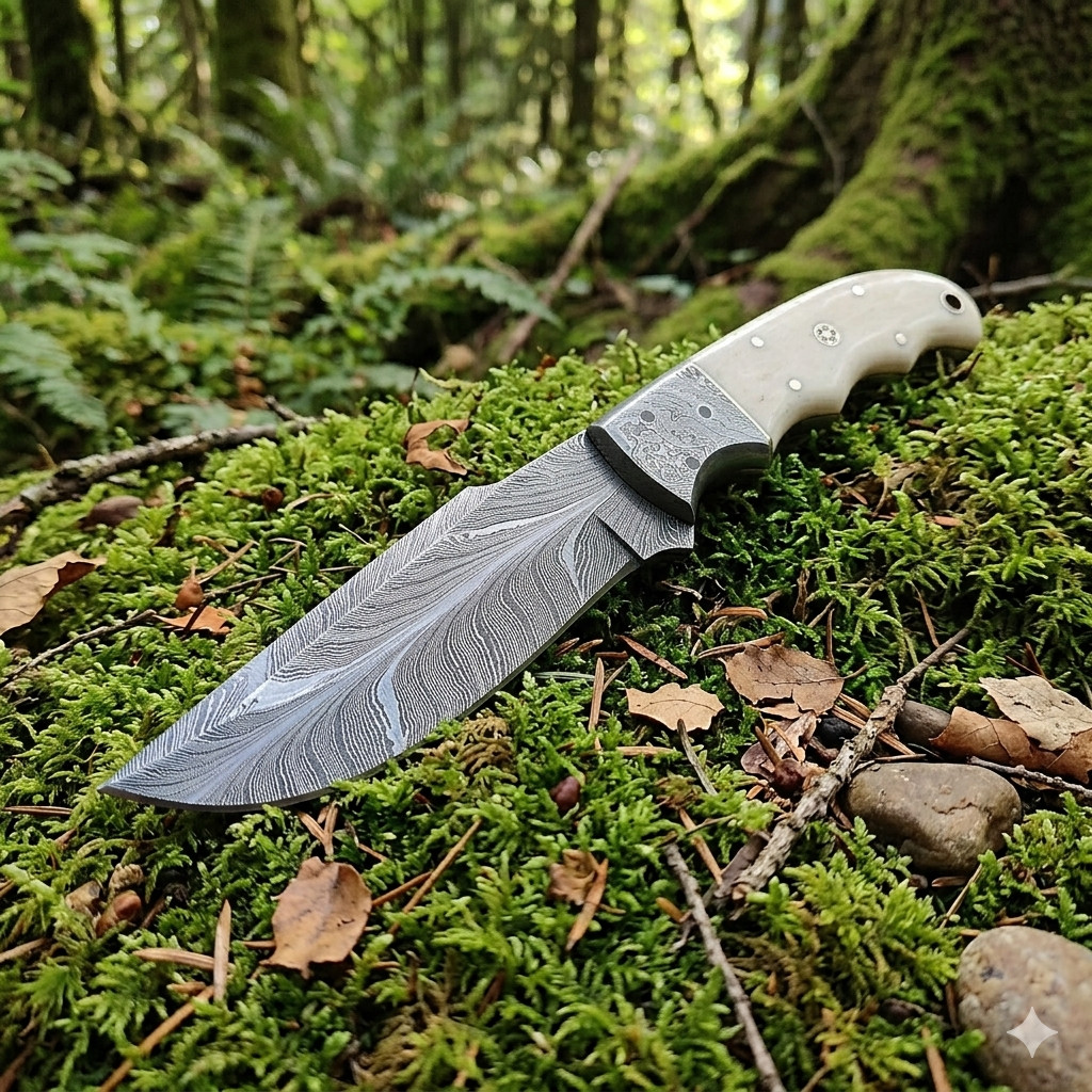 Feather Pattern Fixed Blade Hunter Knife 4.5″ Damascus Steel with Bone Handle