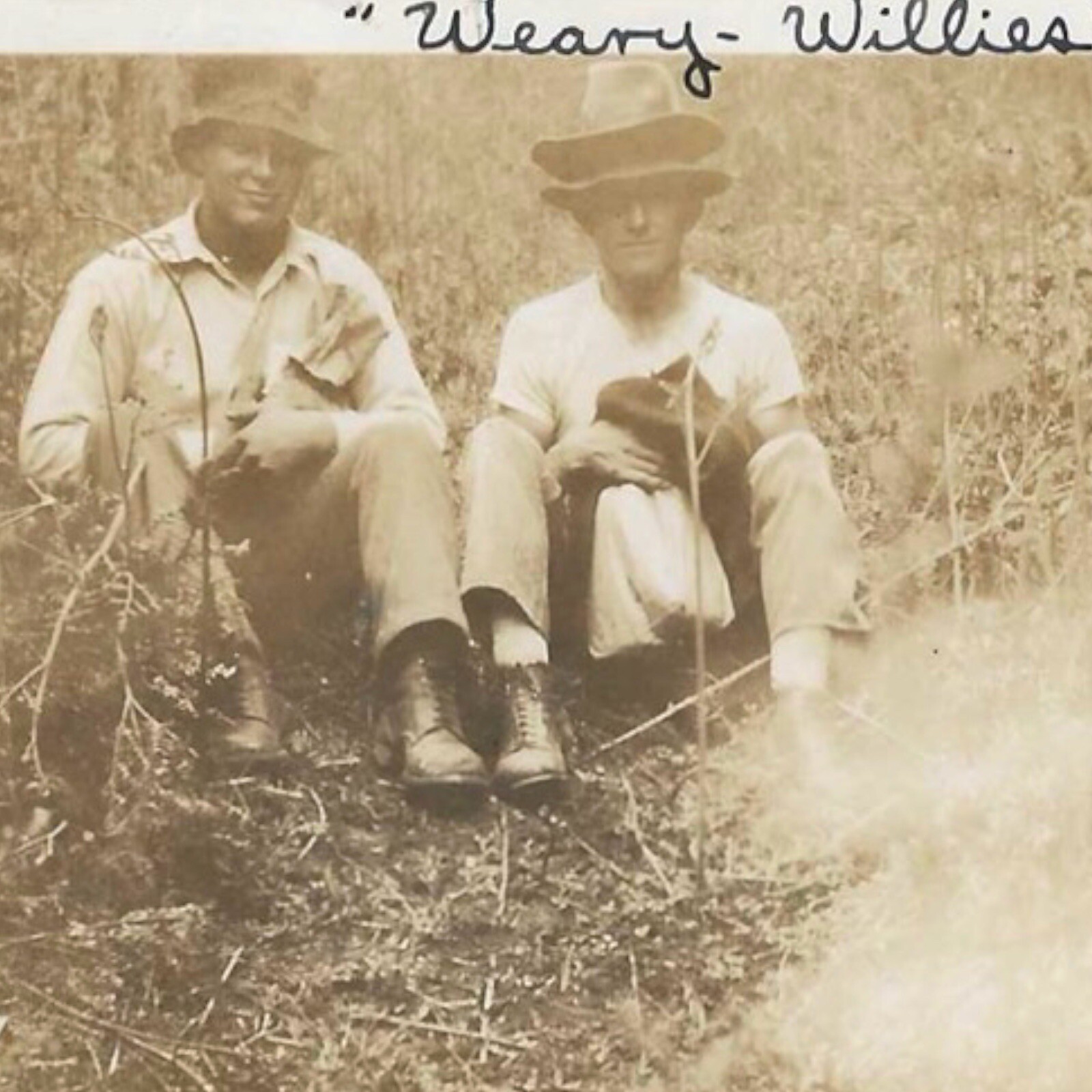 Vintage Snapshot Photo Man Wearing Two Hats 1920s Men Caption Weary Willies 1929
