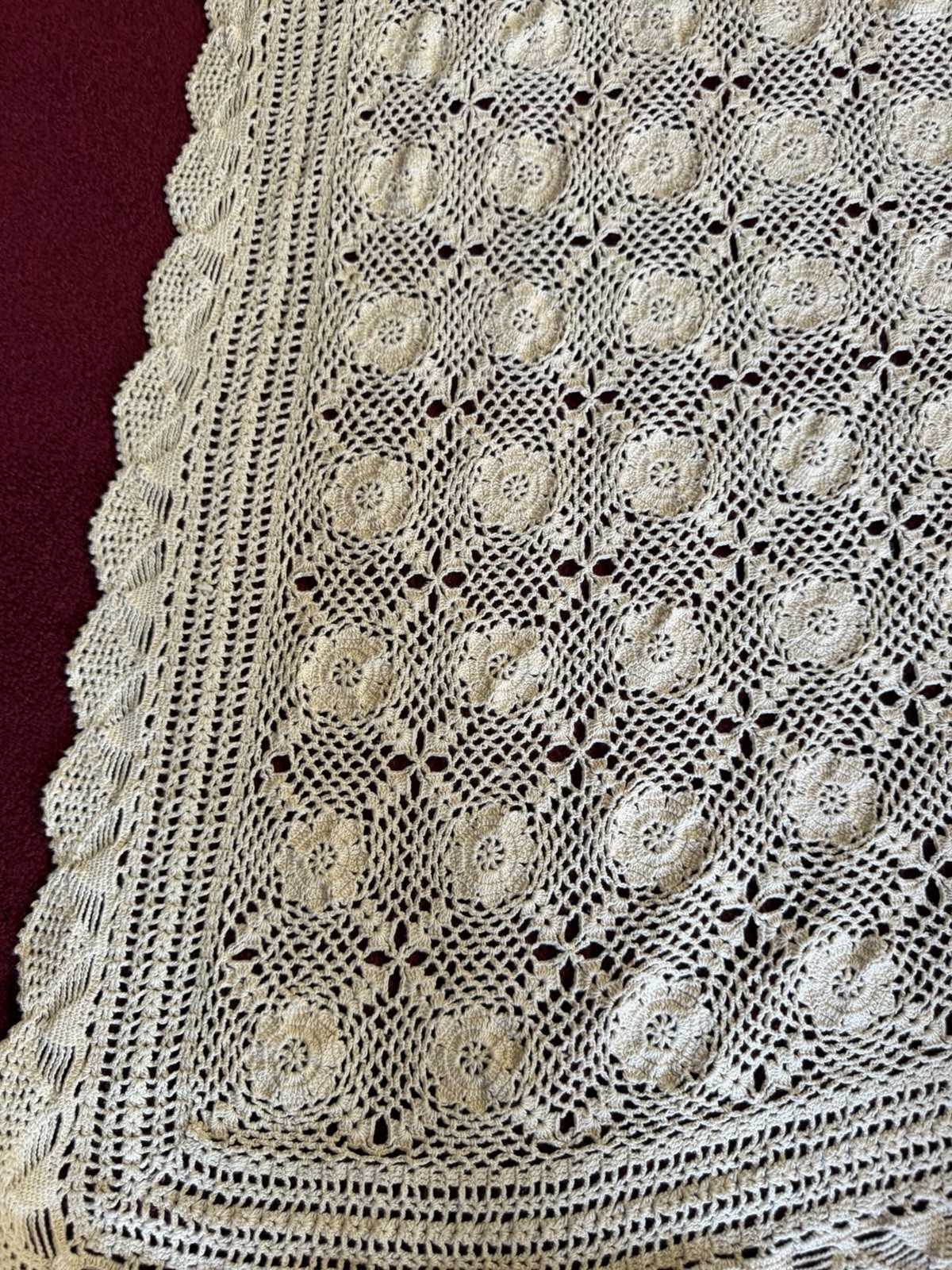 Vintage Rectangular Hand Crocheted Table Cloth 94” By 53”