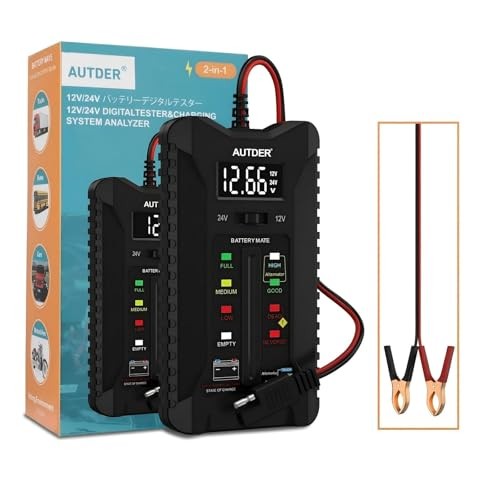 Car Battery Tester 12V/24V Digital Voltmeter with LCD Display & LED Black