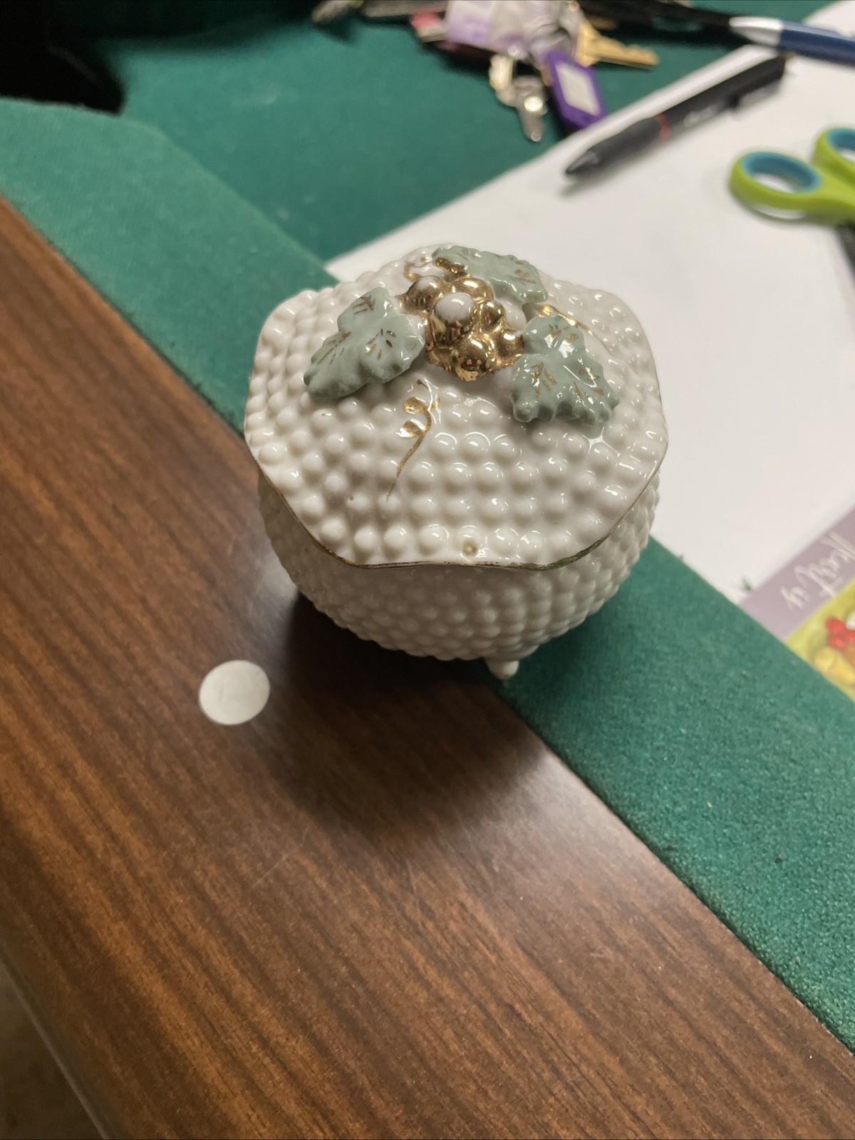 Vintage White Textured Hobnail Trinket Box With Golden Grapes and Green Leaves