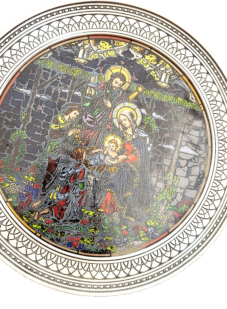 1992 Stained Glass Pewter Plate Christmas Decor Hanging Nativity of Love Rhodes