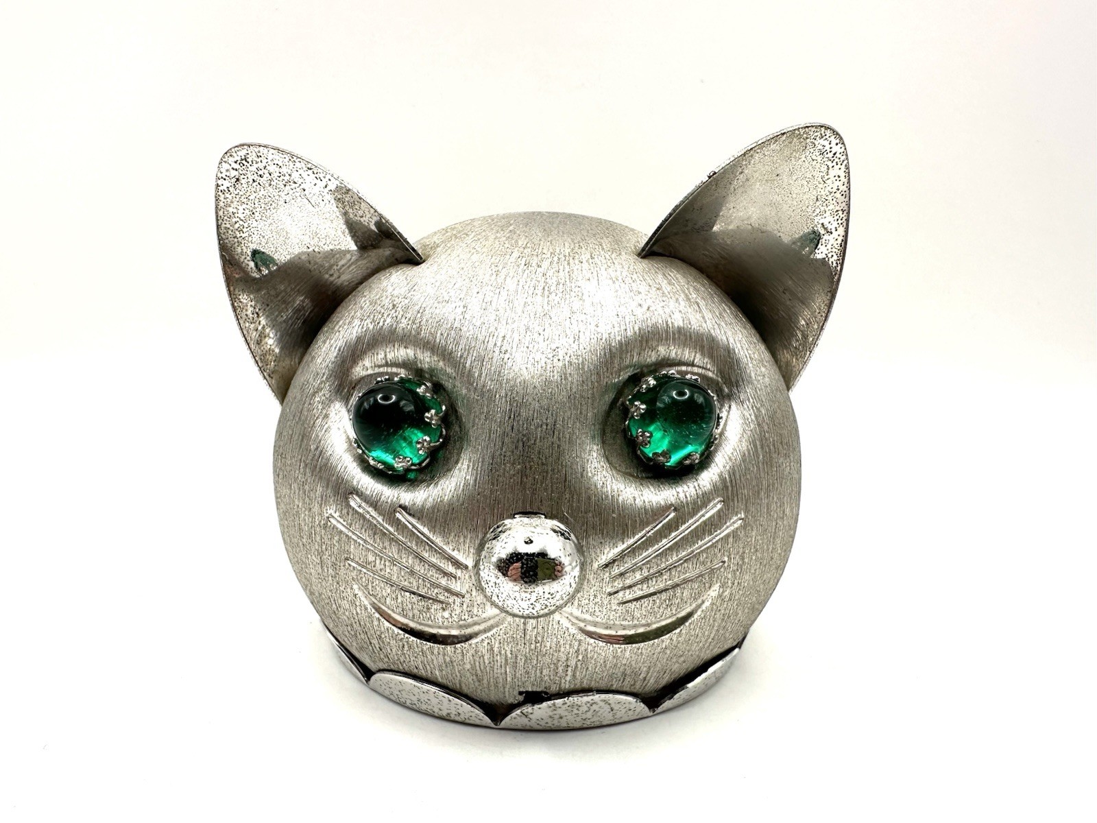 Vintage Napier Cat Head Coin Bank Green Eyes 1950s Metal Brushed Silver
