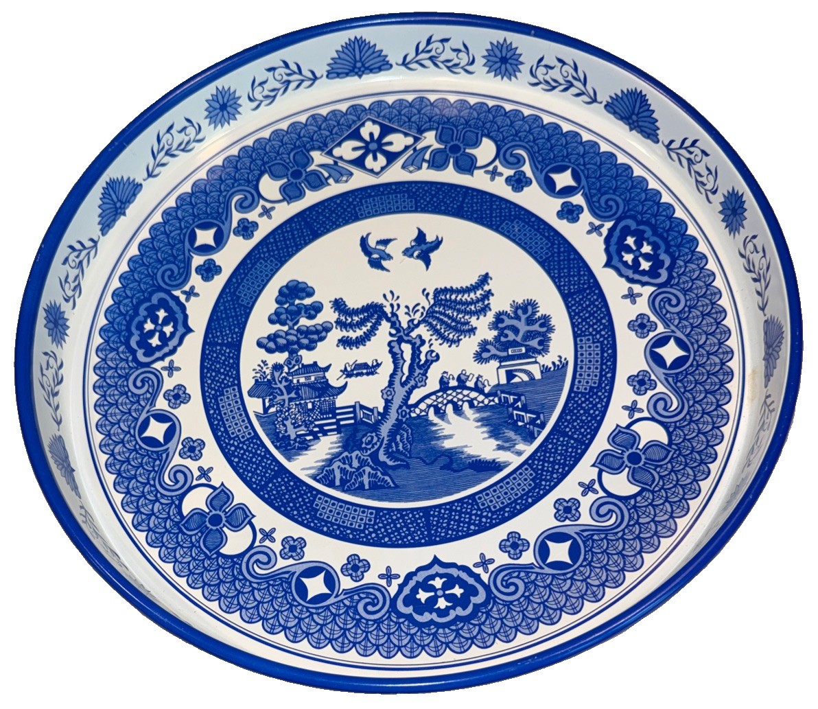 Vintage Round Blue Willow Enamel Metal Vintage Serving Tray 12″ Diameter