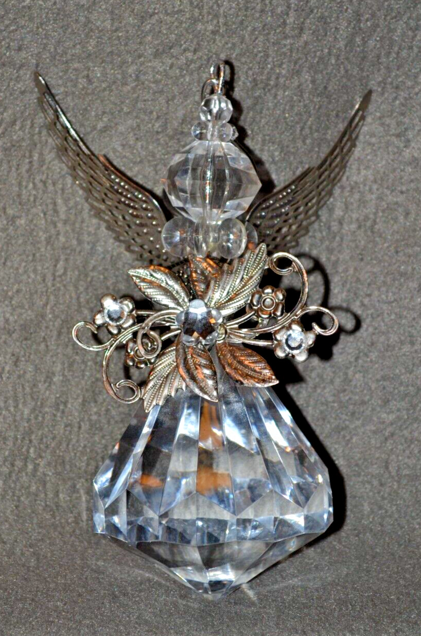 Hanging Suncatcher Angel Christmas Ornament w/Metal Wings & Rhinestones 5″H