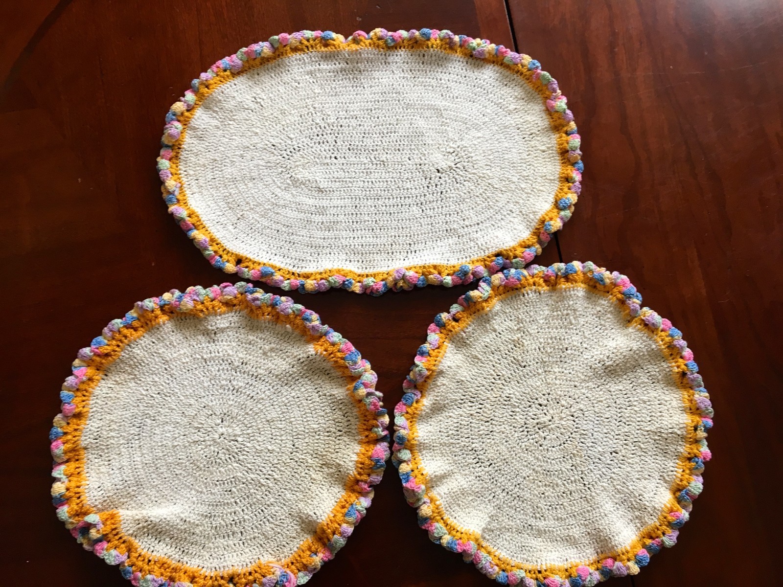3 VTG Hand Crocheted Round and Oval Doily Scalloped Multi-Colored Edges (SET)