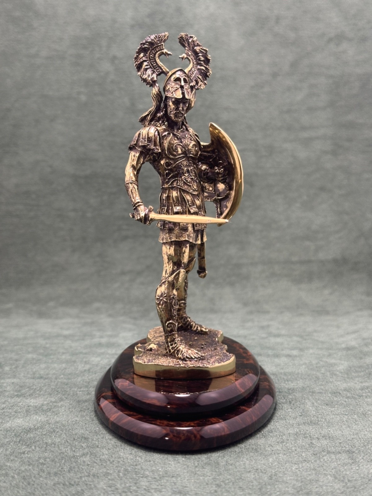 Art Deco Spartan Commander Statuette Cast Bronze Figurine Base In Obsidian Stone