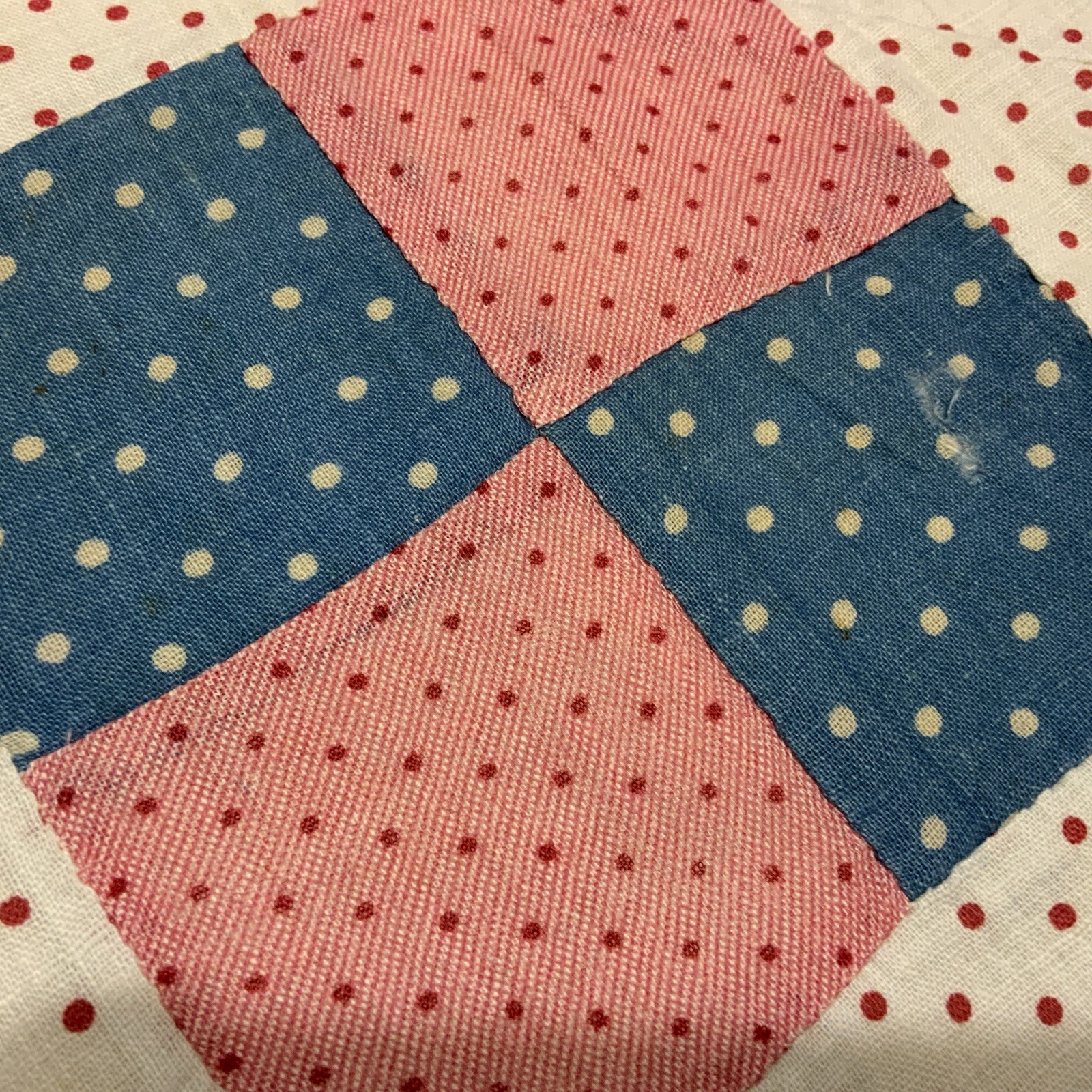 Vintage/Antique Patchwork Quilt Table Topper, Four Patch, Pink, Blue, Dots