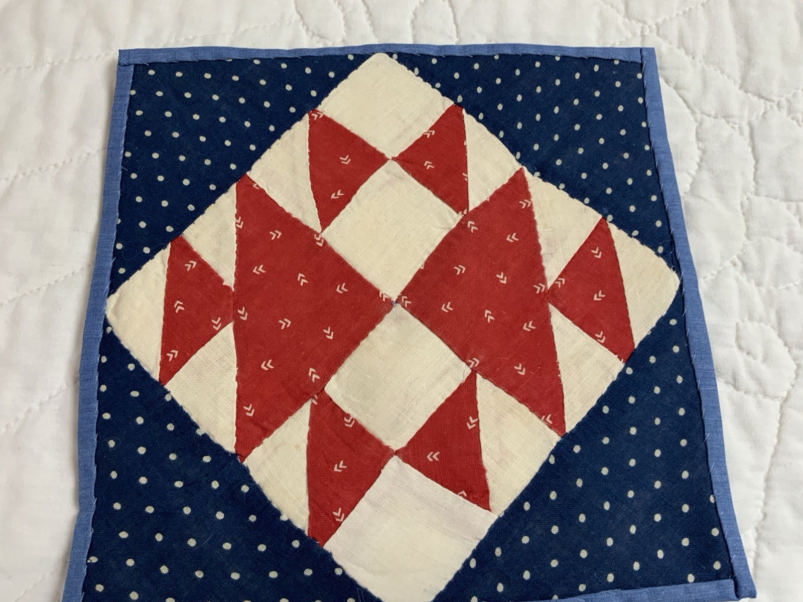 Antique Vintage Patchwork Quilt Table Topper, Four Patch W/ Triangles, Red, Navy