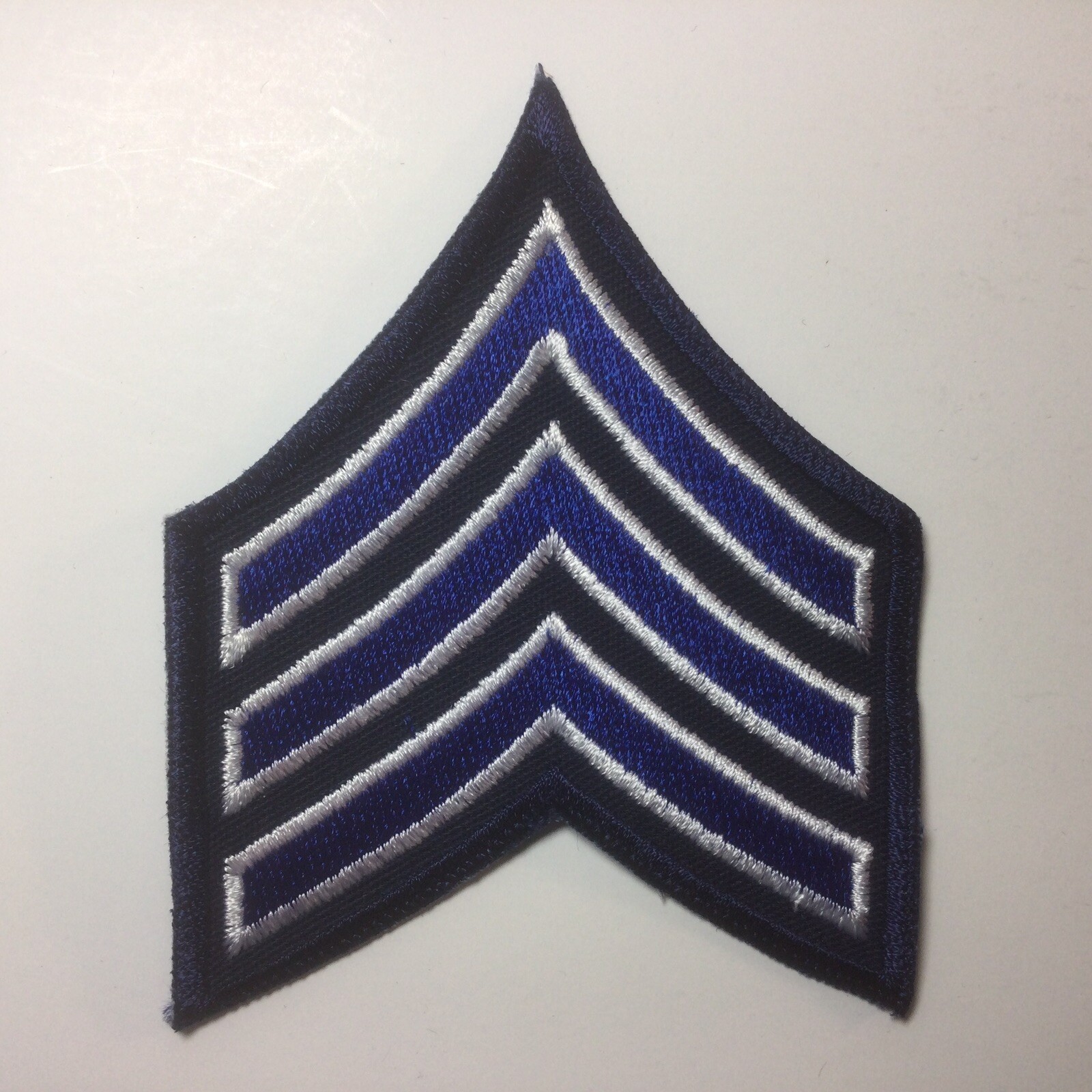 (2) Sergeant Chevron – 3″ Wide – 3 White/Royal Stripes on Dk Navy (Navy Border)