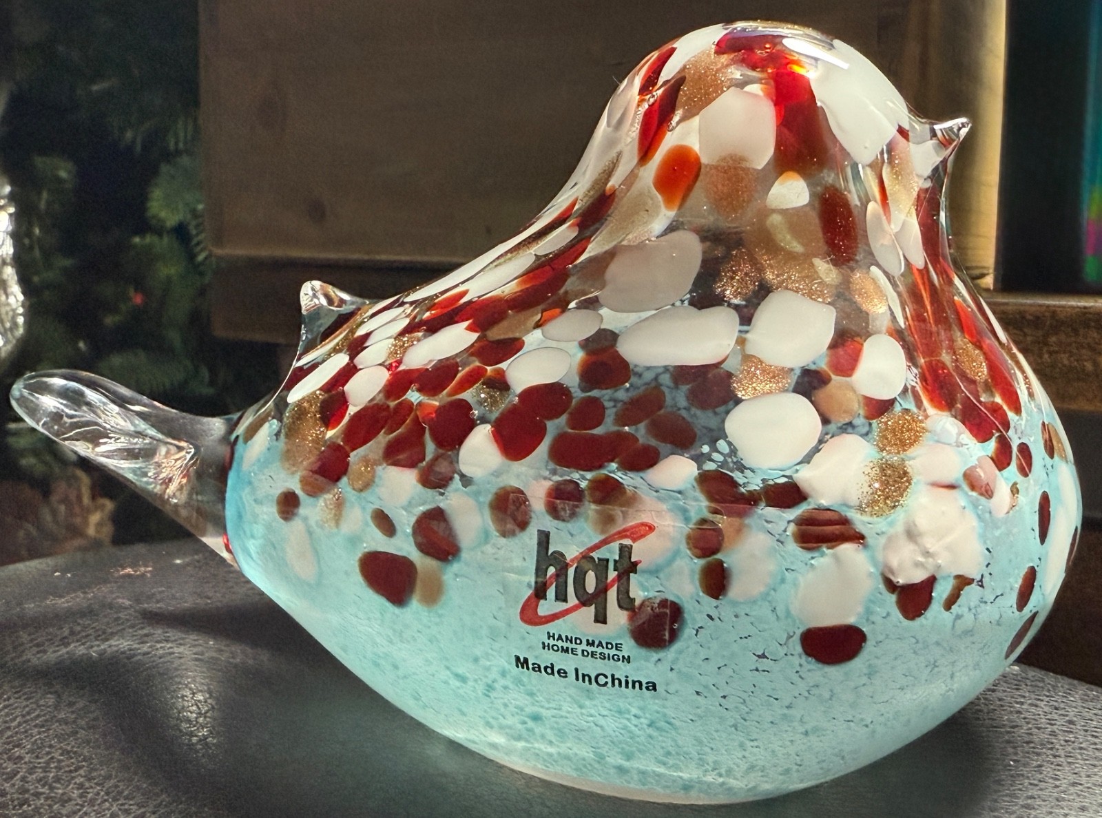 NEW Beautiful Art Glass Rose Gold Glitter Blue Red White Bird Paperweight ? HQT