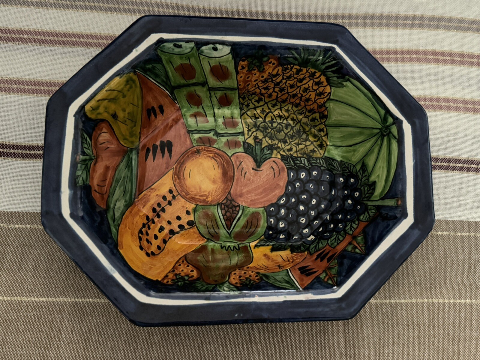 Vintage Talavera Pottery Mexico Art Oval Fruit Bowl Rich Colors 13” X 10”