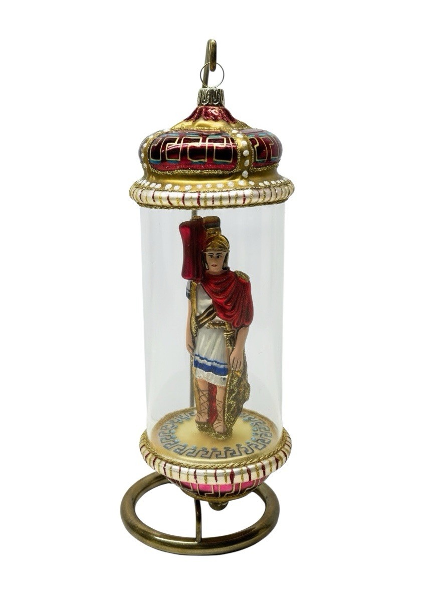 Mostowski Komozja Glass Roman Soldier Cylinder Ornament 2023 With Tag Box Stand