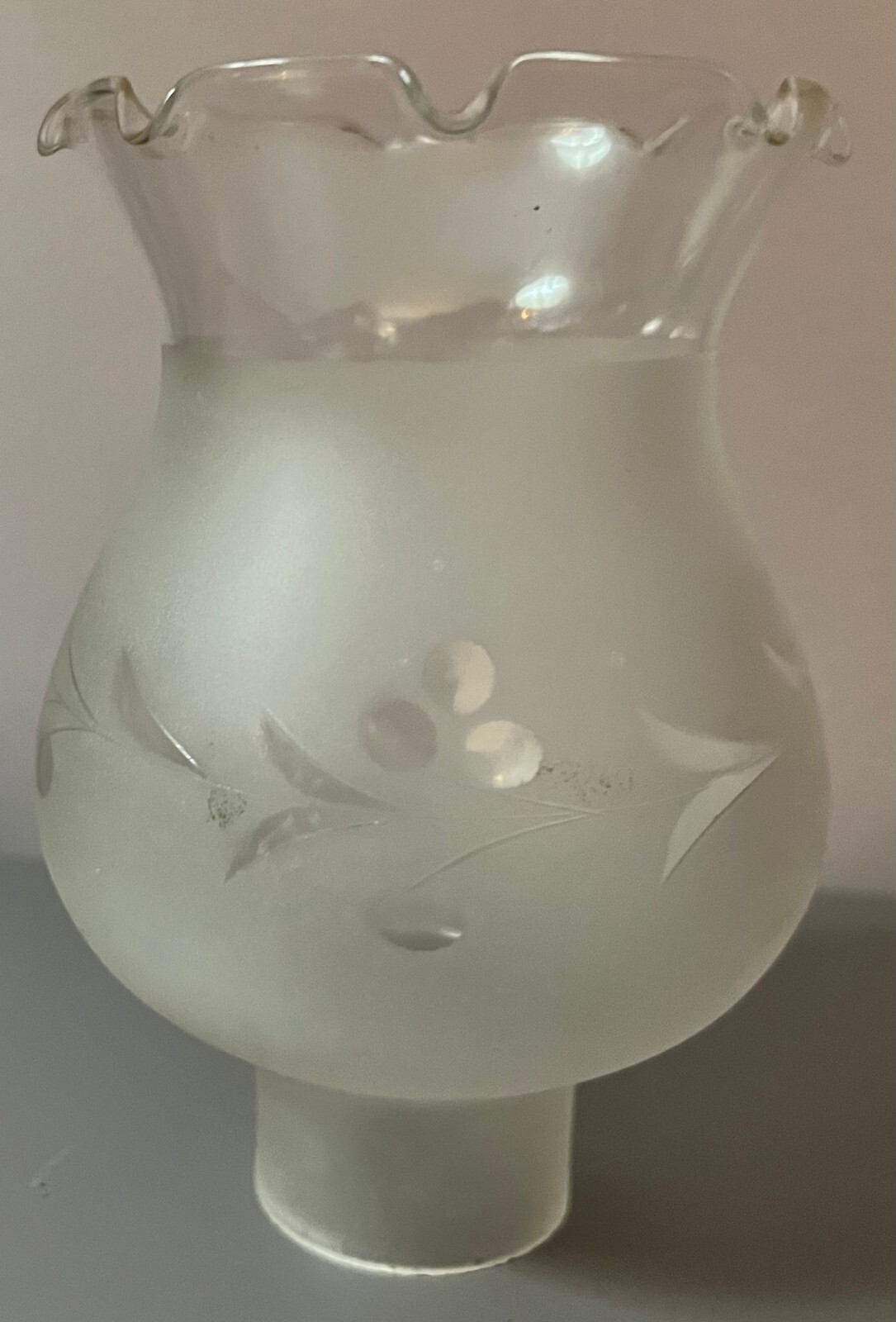 Acid Etched Glass Hurricane Engraved Grapes Ruffle Rim Shade Fits 1 5/8″