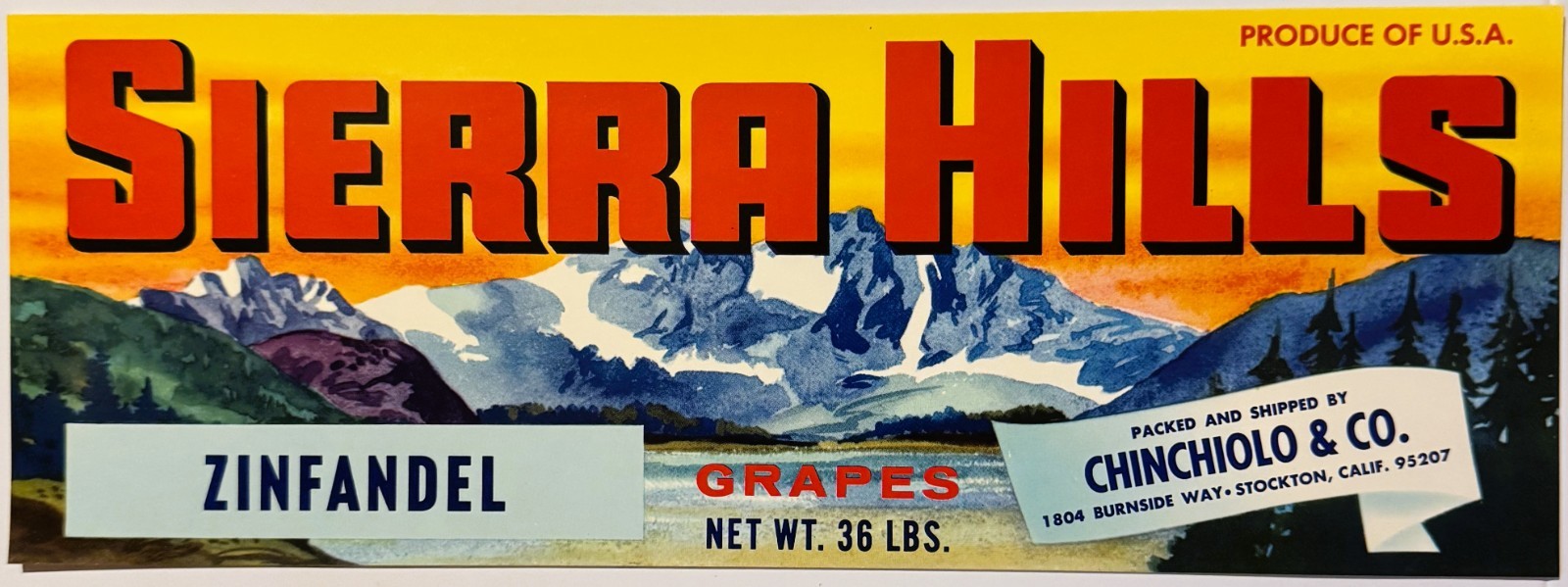 1980s Sierra Hills Zinfandel Grape Crate Label Stockton CA 12.25×4.5″ NOS