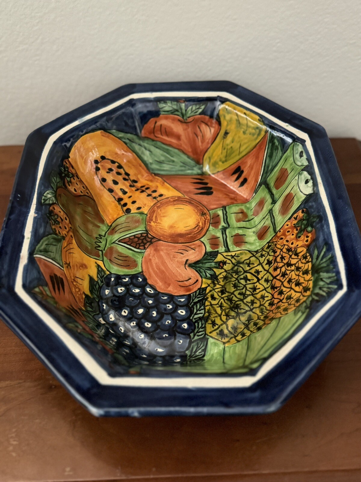 Vintage Talavera Pottery Mexico Art Oval Fruit Bowl Rich Colors 13” X 10”