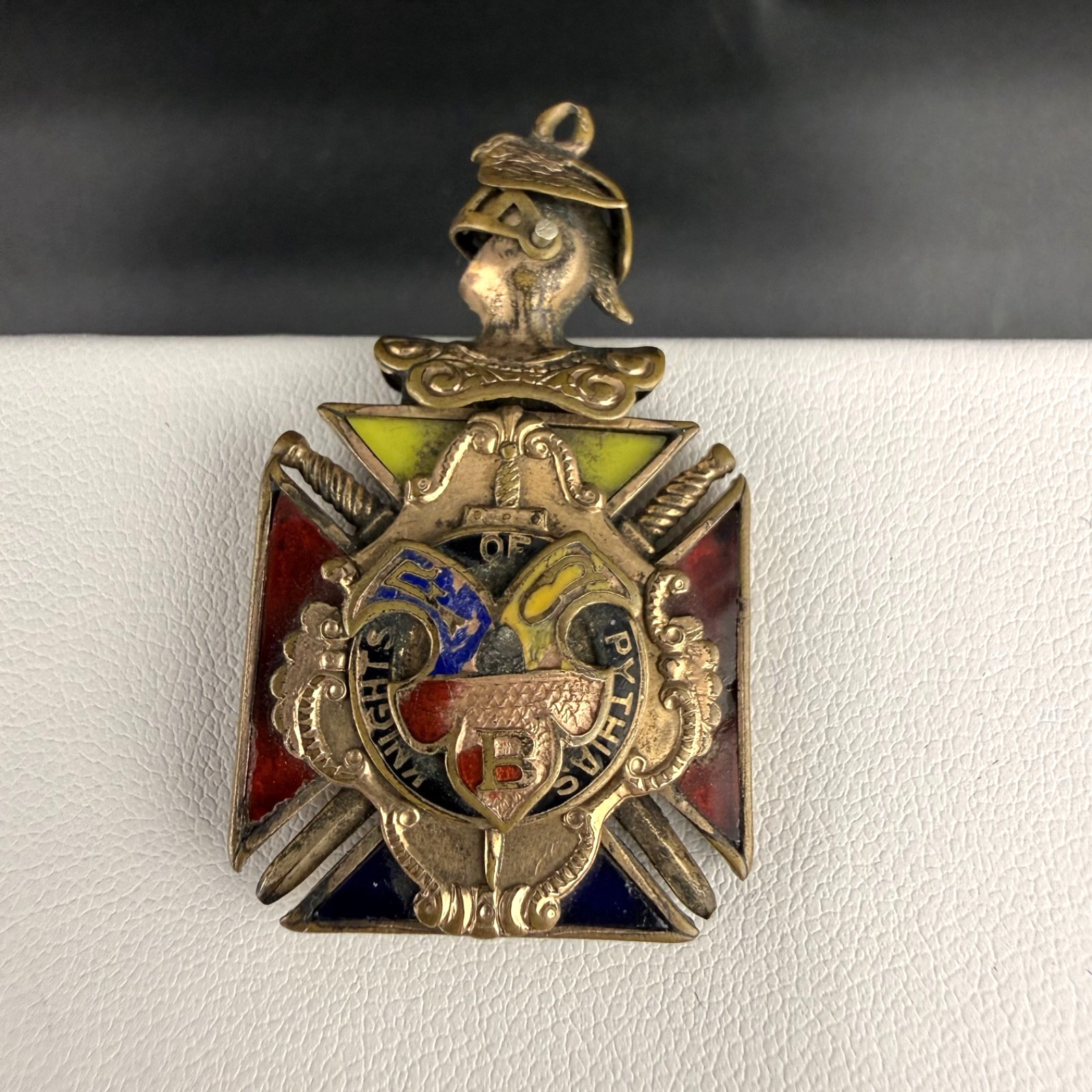 Vintage Knights of Pythias Pocket Watch Fob Pendant Masonic Gold Tone Enamel
